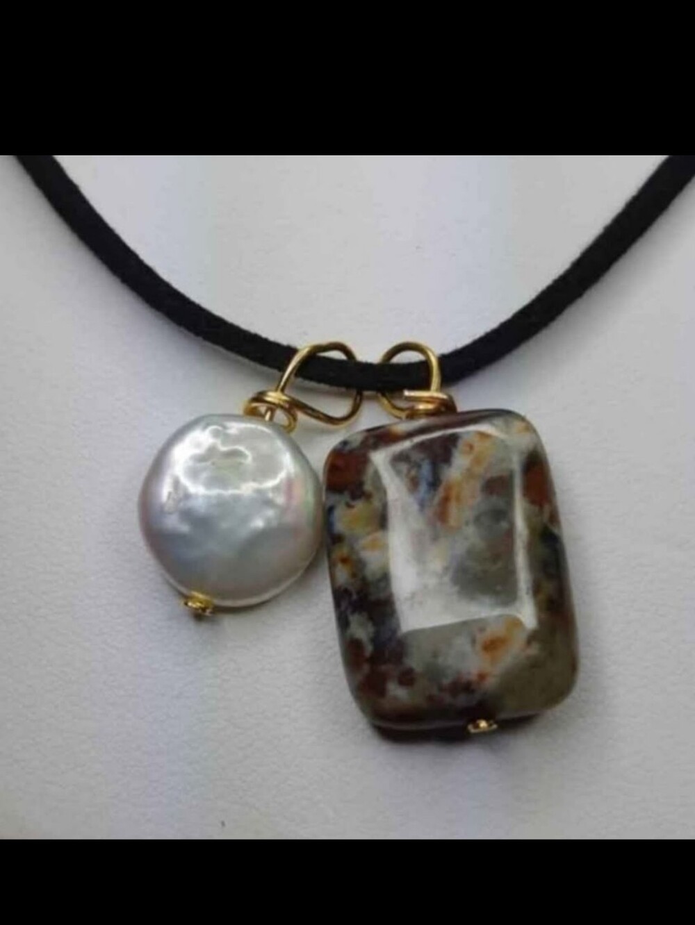 Handcrafted Pearl and Ocean Jasper Pendant Necklace - Black Cord